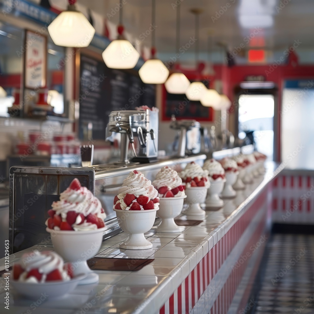 A cozy, vintage diner counter with rows of strawberry sundaes topped with whipped cream An empty chalkboard menu invites custom text against the retro atmosphere