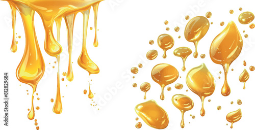  Vector realistic mockup of liquid gold drips of organic cosmetic or food oil, top view of clear yellow puddles
