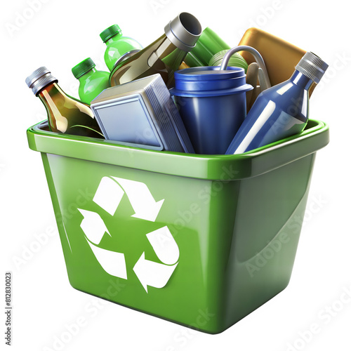 Green Recycling Bin With Bottles and Cans