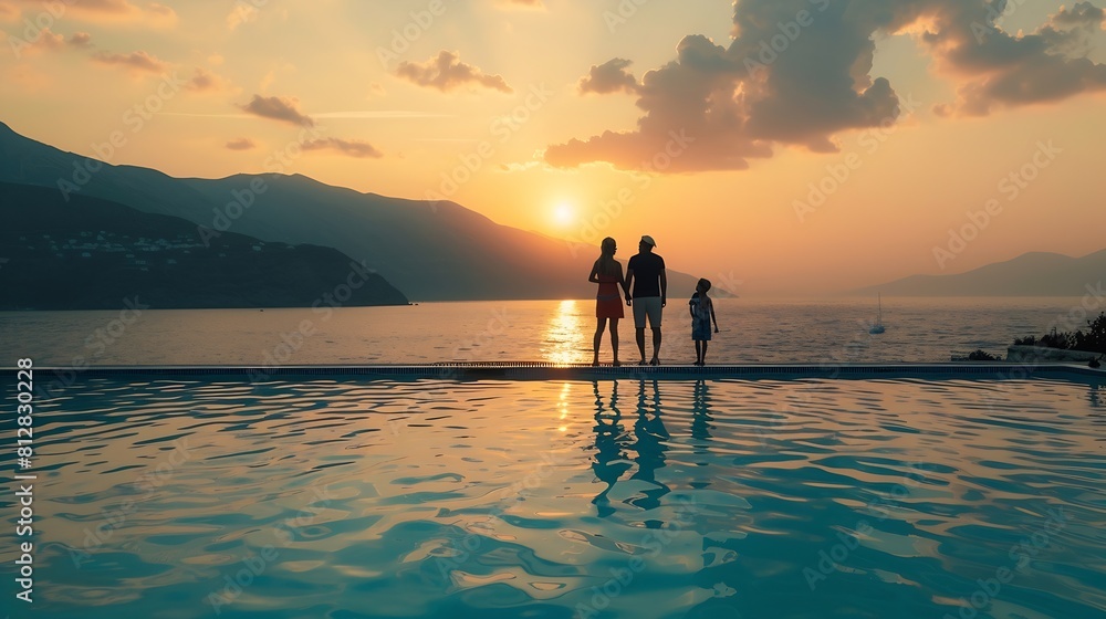 Fototapeta premium A family on summer holidays stands by the swimming pool and enjoys the beautiful sunset behind the mountains and the sea : Generative AI
