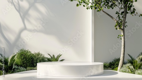  Minimalist White Display Platform or Podium n a Serene Garden Setting