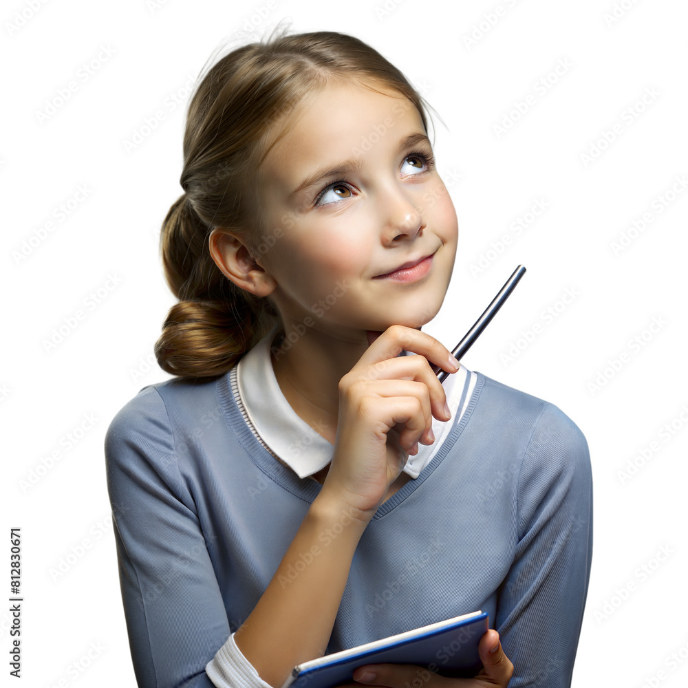 Young Girl in School Uniform Holding a Pen and Notebook, Looking Thoughtful Young Girl in School Uniform Holding a Pen and Notebook, Looking Thoughtful