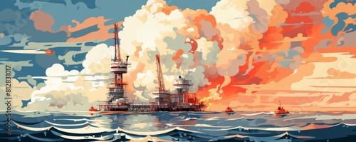 Oil rig fire in the ocean flat design side view industrial theme cartoon drawing Complementary Color Scheme photo