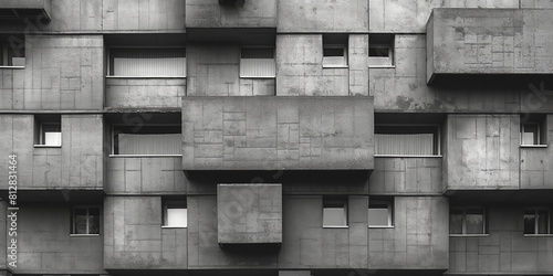 A black and white shot of a concrete buildings architectural facade