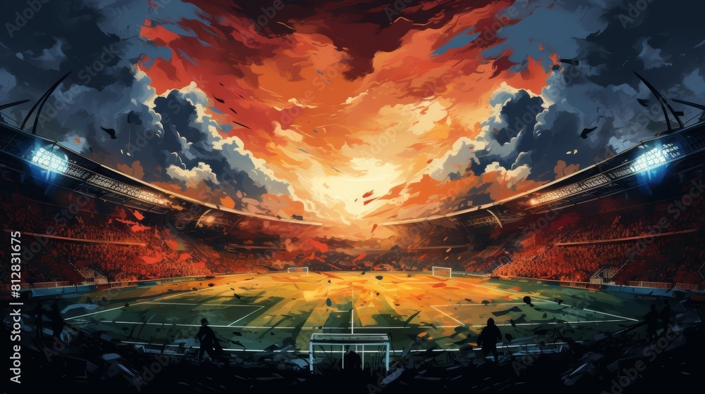Fototapeta premium Soccer match in a packed stadium flat design front view competitive theme water color Splitcomplementary color scheme