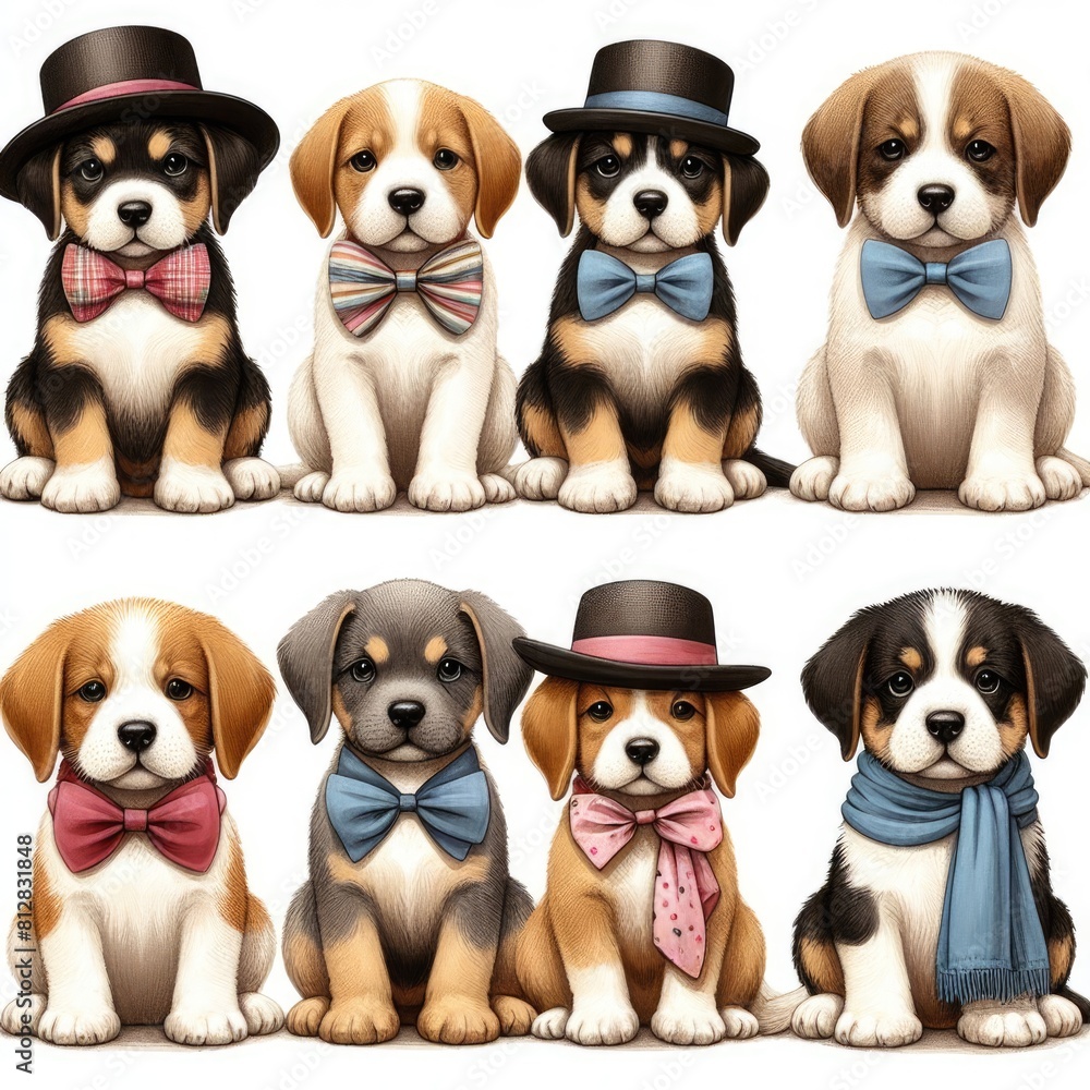 Many puppies wearing hats and bow ties image art realistic photo harmony illustrator. Many puppies wearing hats and bow ties image art realistic photo harmony illustrator.