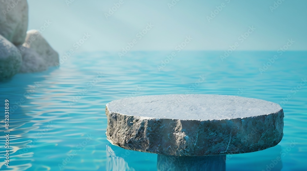 Stone podium stand in luxury blue pool water Summer background of tropical design product placement display Hotel resort poolside backdrop : Generative AI