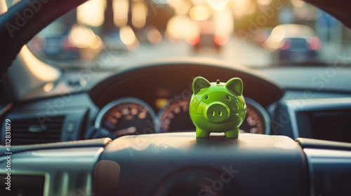 A Piggy Bank on Car Dashboard photo