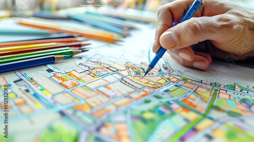 master plan of urban landscape design or urban architecture drawing by mans hand with color marker pen on white paper and group of color marker pens with English and Thai language in p : Generative AI