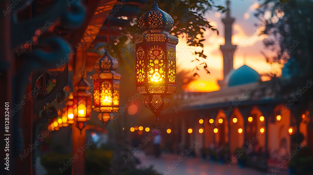 golden sunset glow with ramadan lanterns hanging from a tree