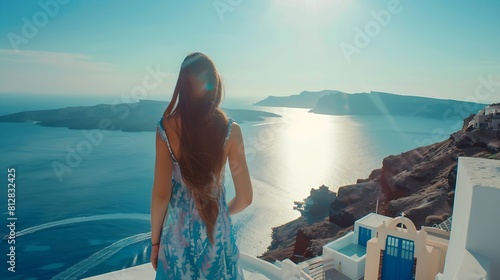 Europe Greece Santorini travel vacation Woman looking at view on famous travel destination Elegant young lady living fancy jetset lifestyle wearing dress on holidays Amazing view of se : Generative AI photo