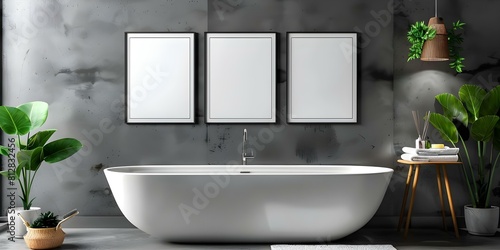 Health and hygiene concept  Monochrome bathroom with three posters above bathtub. Concept Monochrome Bathroom Decor  Health   Hygiene Posters  Stylish Bathtub Design