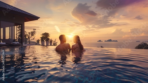 a young couple of men and women at a swimming pool during a vacation on a tropical island man and woman in infinity pool during sunset luxury vacation in Thailand pool of a luxury pool : Generative AI © Generative AI