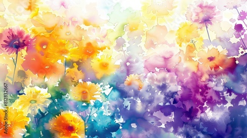 Vibrant watercolor illustration of a bouquet of wildflowers in various hues of purple  yellow  and orange