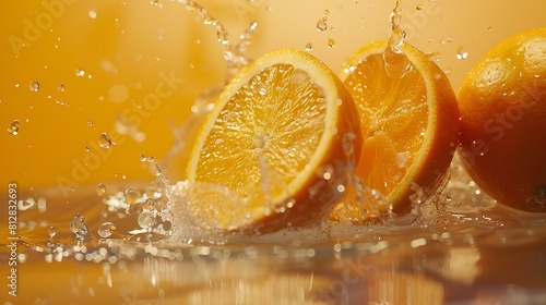 Creative layout made from Fresh Sliced oranges and Orange fruit and water Splashing on a orange background   Generative AI