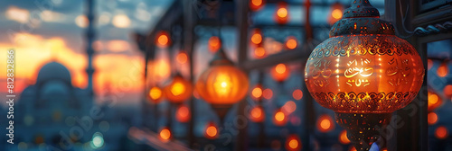 grand ramadan lanterns illuminate the night sky, accompanied by a vibrant orange light bulb © YOGI C