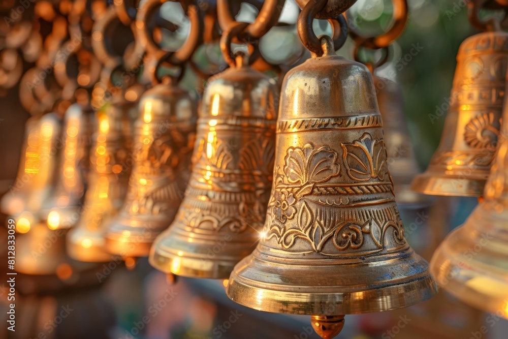 Brass temple bells adorned with delicate carvings Brass temple bells adorned with delicate carvings