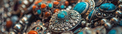 Antique silver and turquoise jewelry at a bazaar, highlighting the intricate metalwork and colorful gemstones The close framing captures the diverse craftsmanship of Iranian artisans