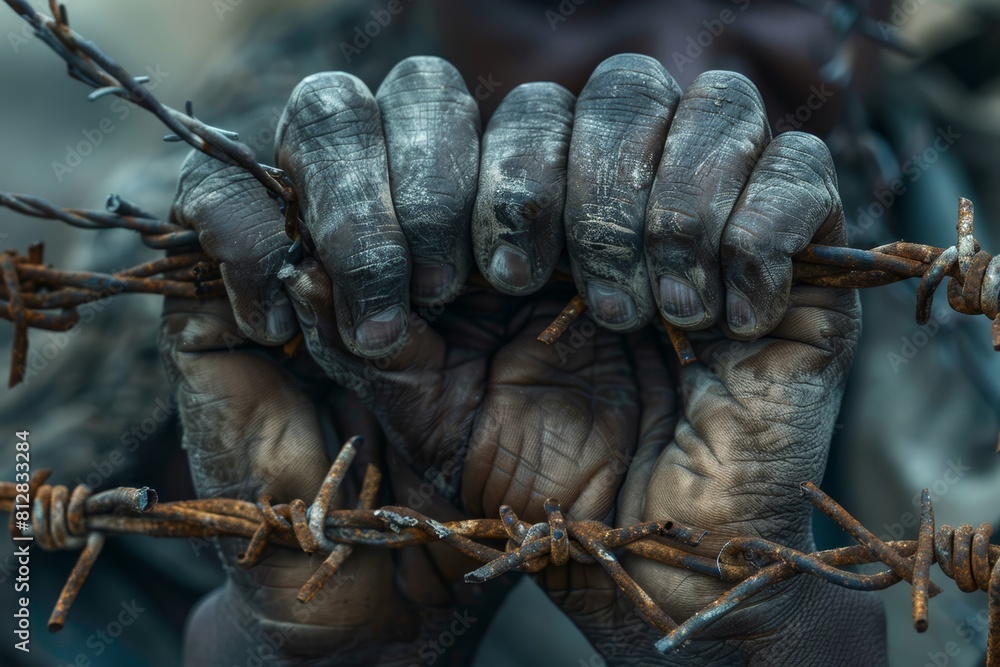 Closeup of clasped hands holding tightly onto barbed wire, conveying the desperation of war refugees The stark contrast between skin tones and rusted metal emphasizes their struggle for safety