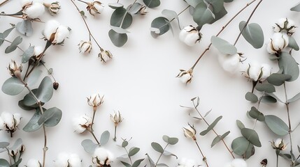Flowers composition Frame made of fresh eucalyptus branches and cotton flowers Flat lay top view copy space : Generative AI