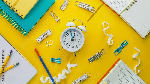 Back to school concept Top view photo of school supplies alarm clock colorful notebooks pencilcase pens binder clips and adhesive tape on bicolor yellow and white background : Generative AI photo