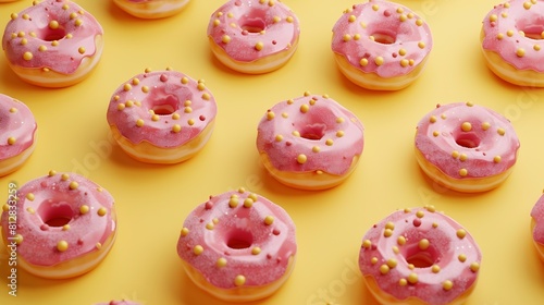 Modern retro color theme pattern of pink donuts and pastel candies against a yellow background with copy space : Generative AI