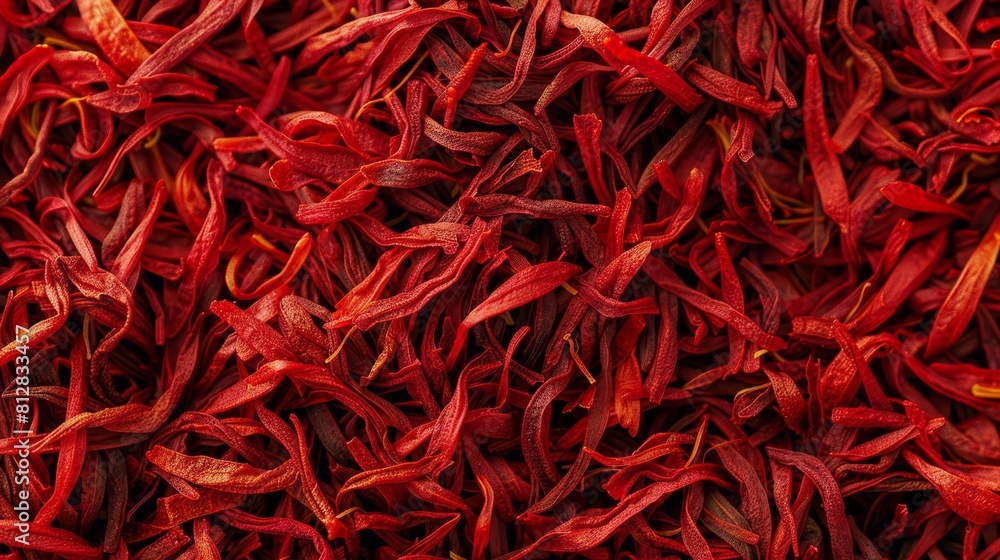 Fototapeta premium Dried saffron strands intertwined in a delicate heap, showcasing the prized spices vibrant red color The closeup framing reveals the intricate texture and cultural importance of this Iranian treasure