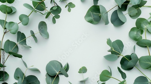 Flying fresh green branches of eucalyptus on light gray background Flat lay top view mock up Nature eucalyptus leaves background Eucalyptus branches pattern Floral frame layout for des : Generative AI photo