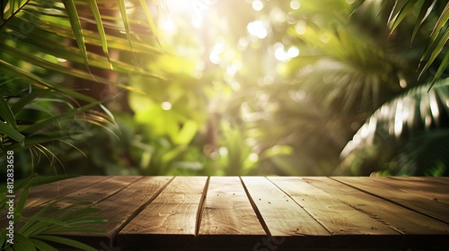 Wood  podium tabletop floor in outdoors nature tropical garden forest jungle blurred green plant golden sunlight backgroundnatural product placement stand displayspring or summer conce   Generative AI
