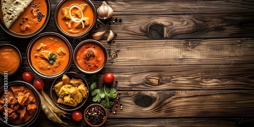 Assorted spicy Indian dishes on wooden table traditional and flavorful cuisine. Concept Indian Cuisine, Spicy Dishes, Wooden Table Setting, Flavorful Meals, Traditional Cooking photo