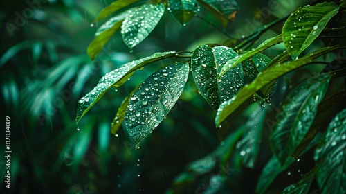 Rich, saturated greens of a thriving rainforest enhanced by La Ninas heavy rains Closeup of water droplets on lush leaves, showcasing vibrant life and the rejuvenating power of water photo