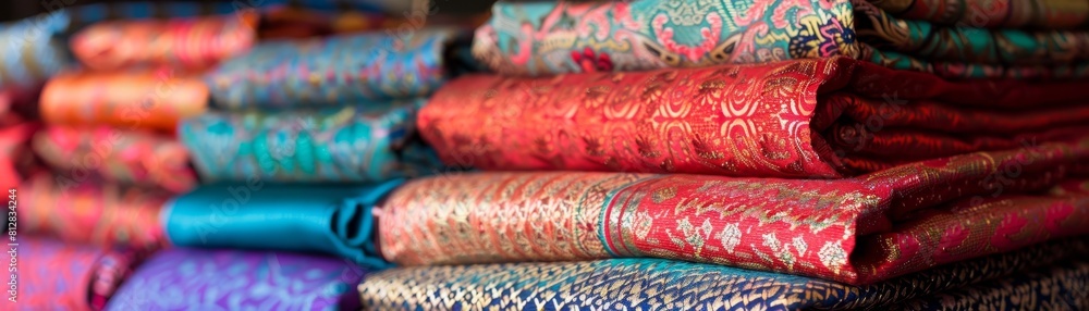 Traditional Thai silk in deep reds and royal blues, woven into intricate patterns The shimmering threads and detailed designs showcase the elegance of Thai textile art Traditional Thai silk in deep reds and royal blues, woven into intricate patterns The shimmering threads and detailed designs showcase the elegance of Thai textile art