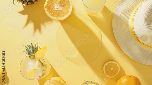 Relax and unwind with refreshing summer cocktails This top vertical view flat lay highlights a bag sunhat pineapple cocktails and citrus fruit on a bright yellow background with a blan : Generative AI photo