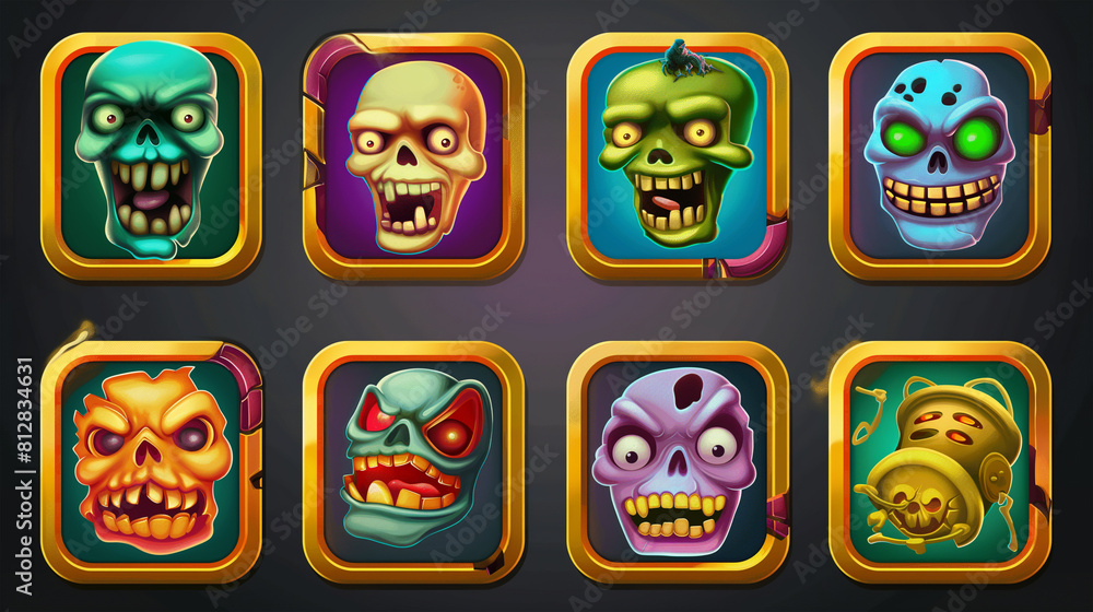 Zombie asset or Slot game icons on dark background, Illustration Zombie asset or Slot game icons on dark background, Illustration