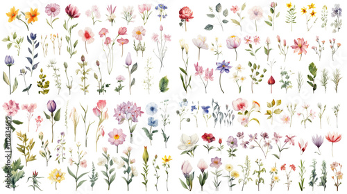 Fototapeta Naklejka Na Ścianę i Meble -  Set of watercolor wildflowers painting isolated on clear png background and transparent background. Fresh and nature concept for nature decorative and flower element, AI generative.	
