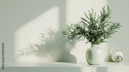 Christmas New Year home decor Empty white wall mock up with green fir branches in a vase on a white table Mock up for displaying works : Generative AI photo