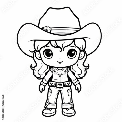 Child coloring a page with a girl wearing a cowboy hat. Kids coloring page