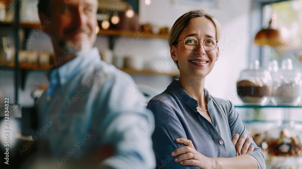 Woman partner crosses arms to form an x nonverbally showing she disagrees with man on new shop layout options for renovating their cafe businesss interior design : Generative AI Woman partner crosses arms to form an x nonverbally showing she disagrees with man on new shop layout options for renovating their cafe businesss interior design : Generative AI