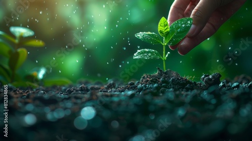 Caring hands gently supporting a young plant's growth in fertile soil, amidst a lush green backdrop.