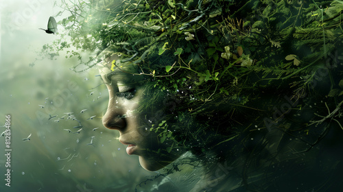 Fototapeta Naklejka Na Ścianę i Meble -  Surreal portrait of a woman with a forest for hair, blending into a dreamlike aquatic scene