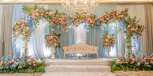 Wedding backdrop with chair aesthetic flower wreath pastel color decoration indoor white background