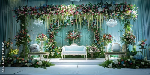 Wedding backdrop with chair aesthetic flower wreath pastel color decoration indoor white background