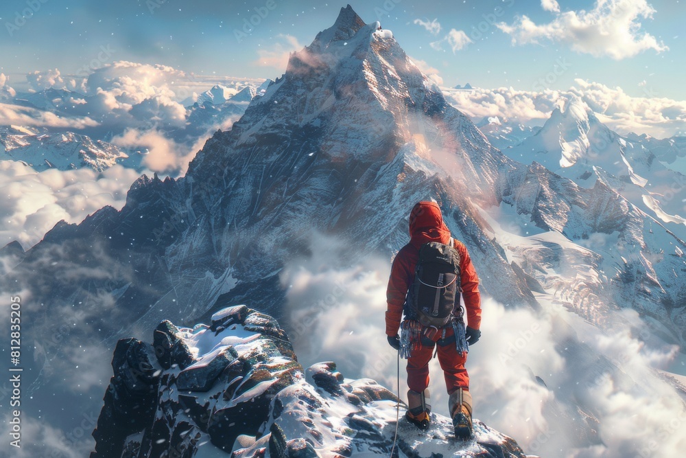 Mountaineer in red standing atop a snowy peak, overlooking vast mountain ranges amidst falling snow.