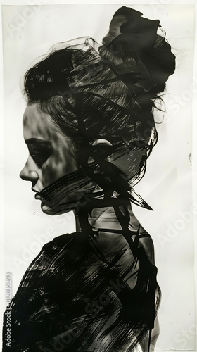 Artistic black and white profile of a woman with striking shadow patterns on her face
