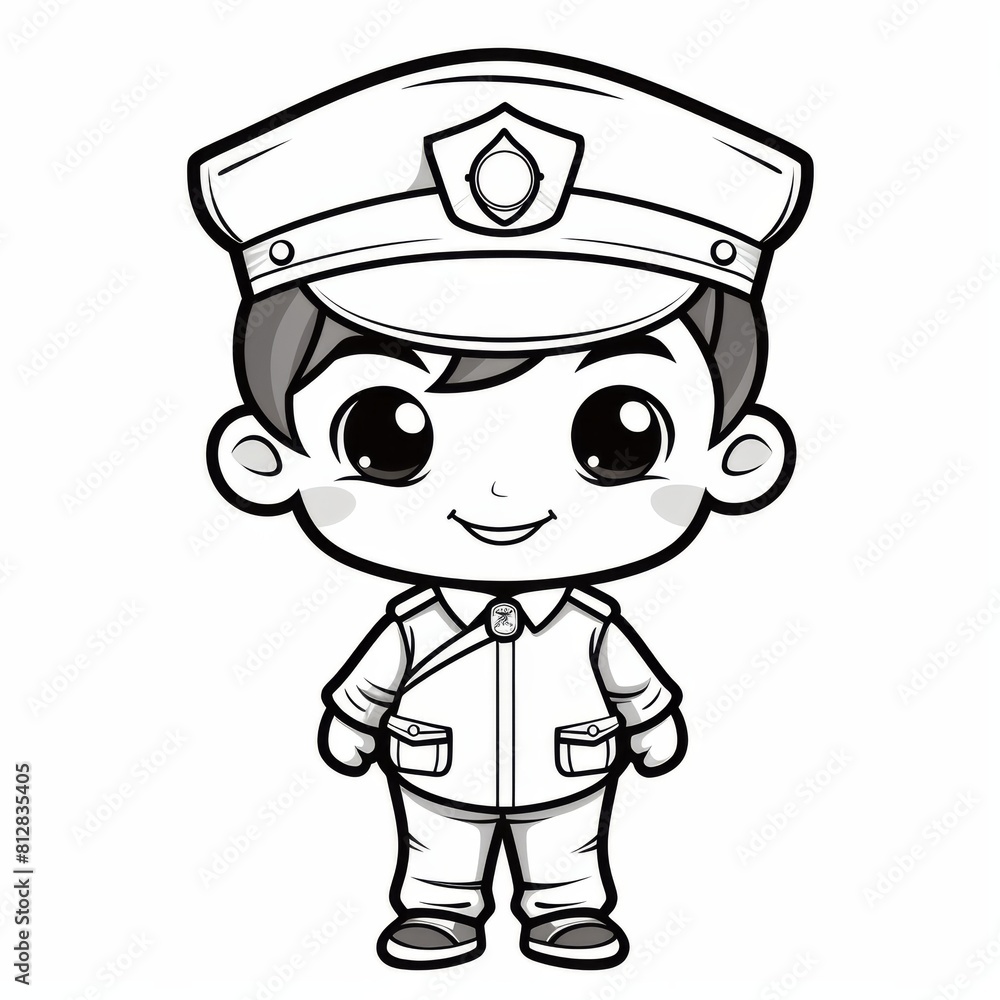 A coloring page featuring a cartoon police officer with a hat and uniform coloring. Kids coloring page