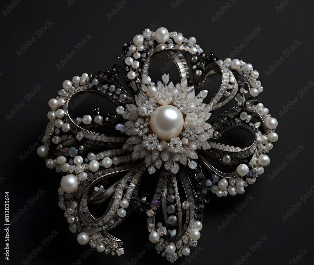 A stunning brooch featuring pearls and diamonds, placed on a black cloth. A stunning brooch featuring pearls and diamonds, placed on a black cloth.