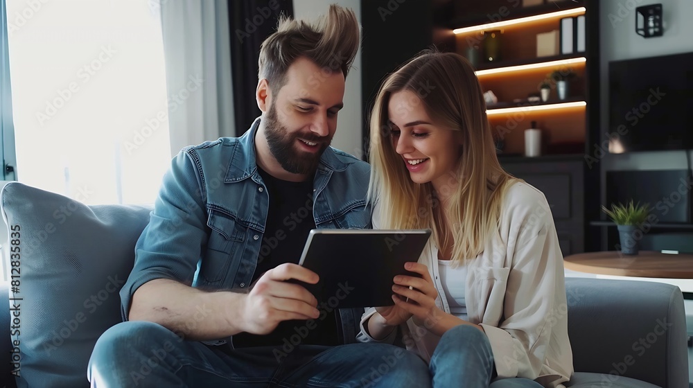 Young man showing design project on tablet to focused woman indoors Happy couple making interior apartment layout online Focused family discussing details of house renovation with gadg : Generative AI Young man showing design project on tablet to focused woman indoors Happy couple making interior apartment layout online Focused family discussing details of house renovation with gadg : Generative AI