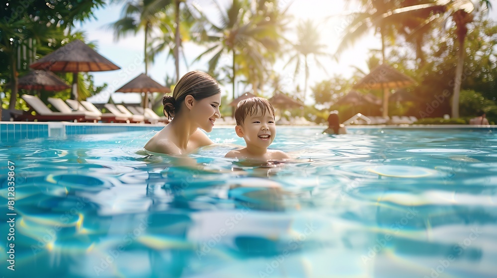 Mother and son relaxing in outdoor swimming pool of tropical resort Mom and child having fun together sunbathing Family summer vacation on exotic island Tourism Travel Thailand : Generative AI Mother and son relaxing in outdoor swimming pool of tropical resort Mom and child having fun together sunbathing Family summer vacation on exotic island Tourism Travel Thailand : Generative AI