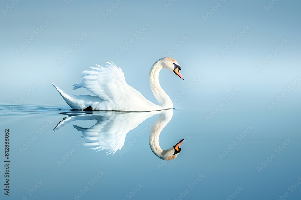 Obraz premium Graceful Swan: A serene swan gliding across calm waters, its reflection mirrored below, against a tranquil lake blue background 