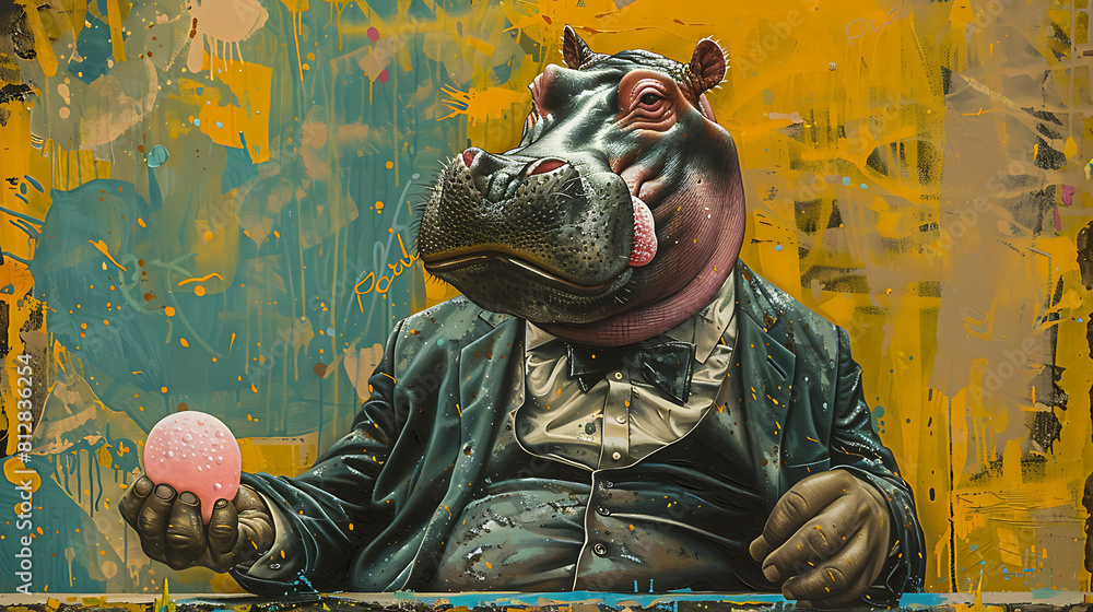 A dapper hippo perches on a wall, ball in hand, exuding quirky charm. Playful contrast of wildlife and formalwear creates a whimsical scene for creative projects